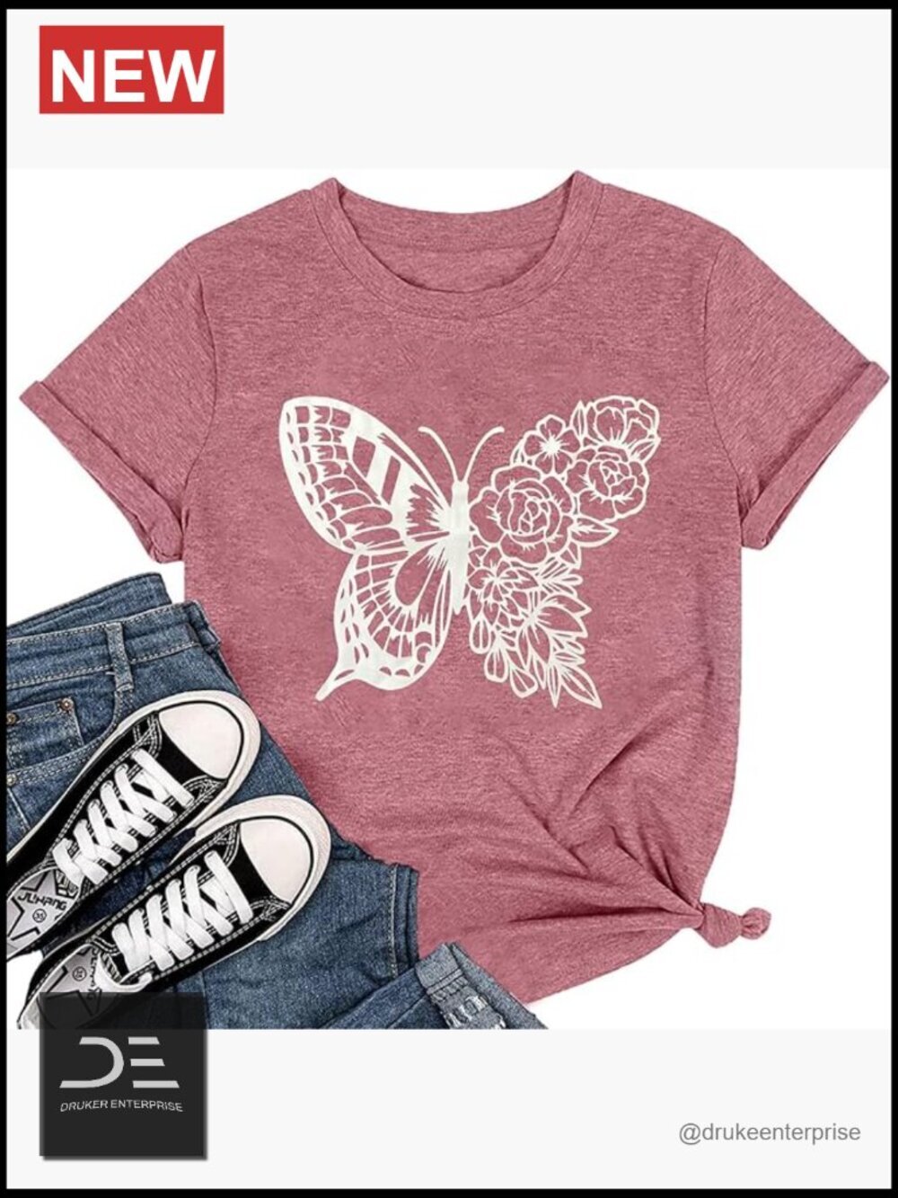 Cotton Blend Boho Butterfly Graphic Tee Short Sleeve Crew Neck